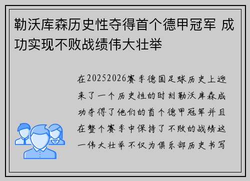 勒沃库森历史性夺得首个德甲冠军 成功实现不败战绩伟大壮举