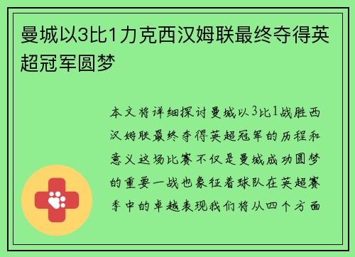 曼城以3比1力克西汉姆联最终夺得英超冠军圆梦